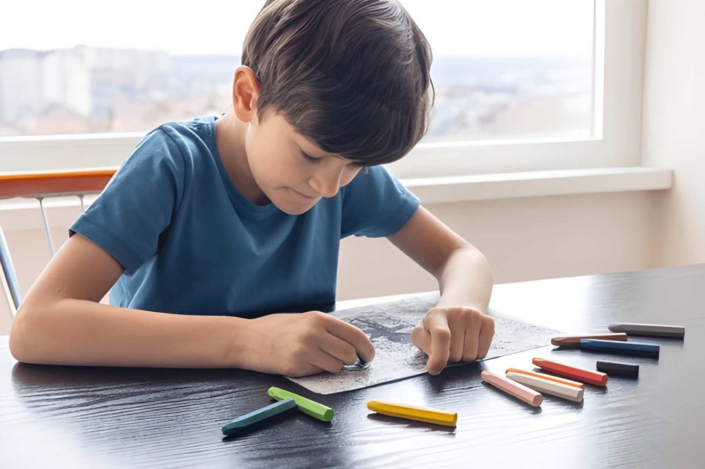 boy coloring with crayons